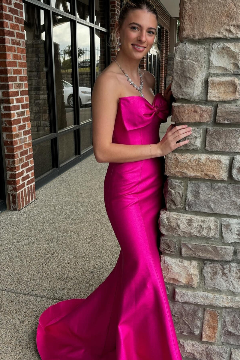 Load image into Gallery viewer, Fuchsia Mermaid Strapless Long Satin Formal Dress with Bow