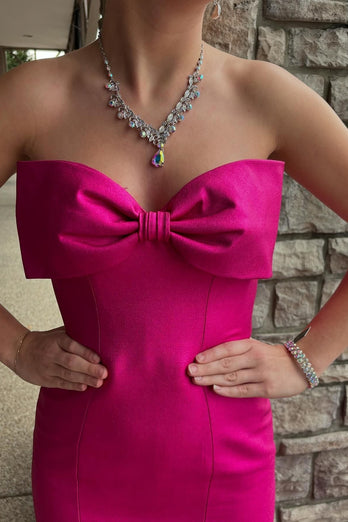 Fuchsia Mermaid Strapless Long Satin Formal Dress with Bow