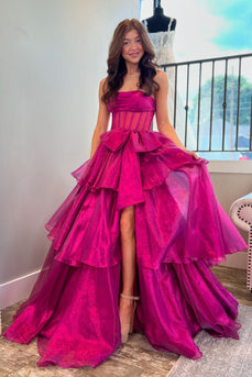 Princess Fuchsia Corset Bowknot Long Formal Dress with Slit