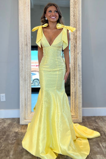 Sparkly Yellow Beaded Bowknot Long Formal Dress