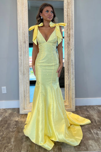 Sparkly Yellow Beaded Bowknot Long Formal Dress