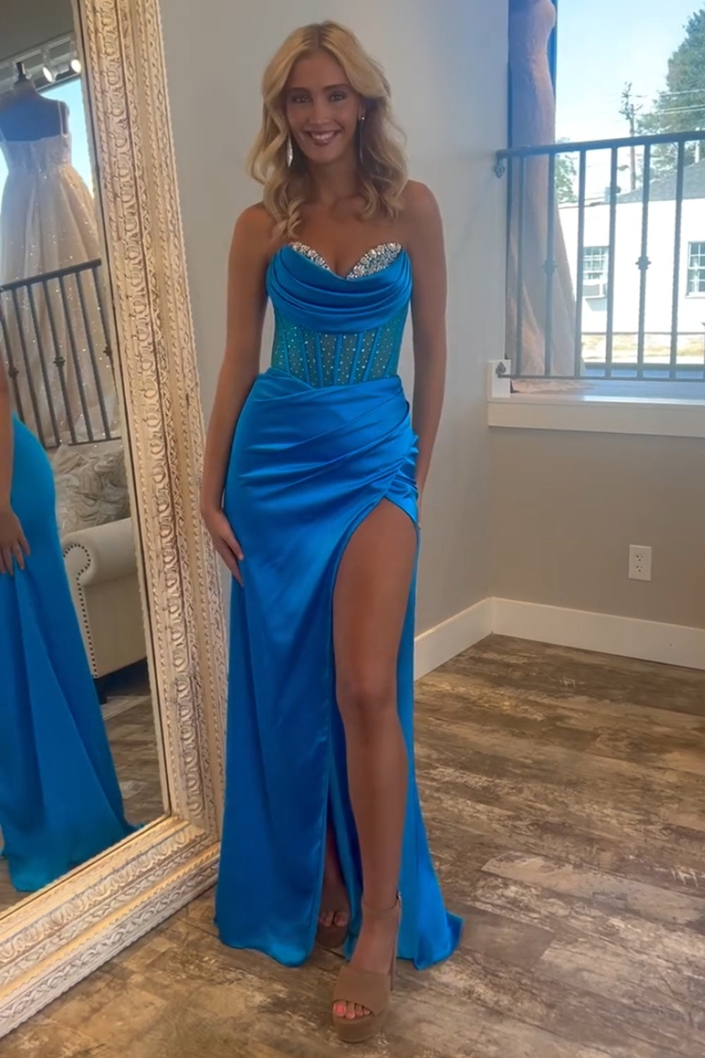 Sparkly Royal Blue Corset Beaded Long Formal Dress with Slit