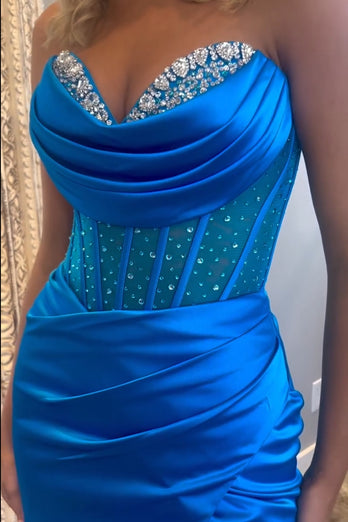 Sparkly Royal Blue Corset Beaded Long Formal Dress with Slit