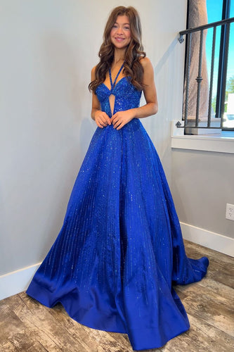 Sparkly Royal Blue Halter Long Formal Dress with Beading