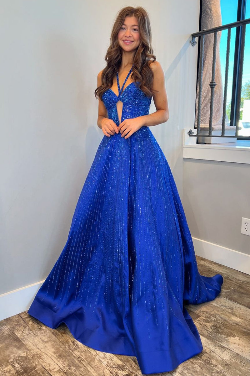 Load image into Gallery viewer, Sparkly Royal Blue Halter Long Formal Dress with Beading