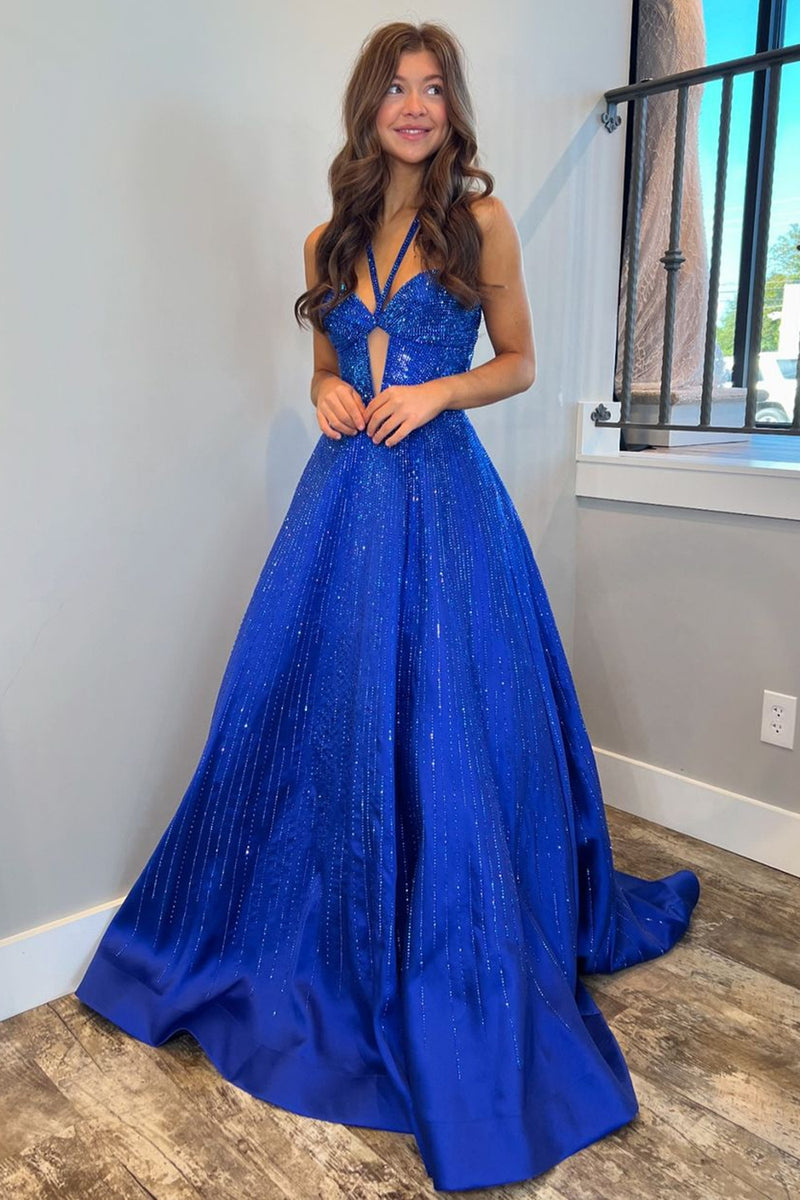 Load image into Gallery viewer, Sparkly Royal Blue Halter Long Formal Dress with Beading