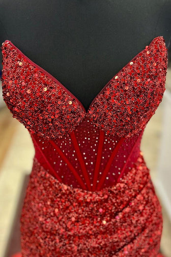 Sparkly Red Corset Strapless Long Formal Dress