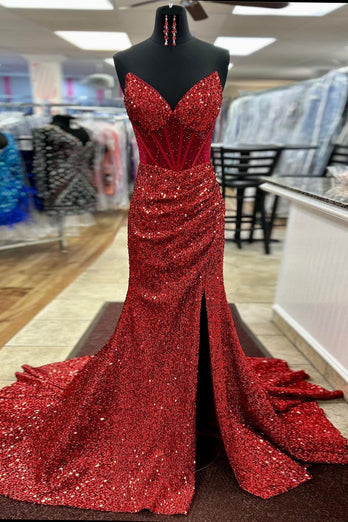 Sparkly Red Corset Strapless Long Formal Dress