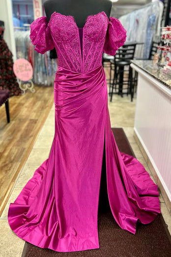 Fuchsia Floral Corset Off the Shoulder Long Formal Dress with Slit