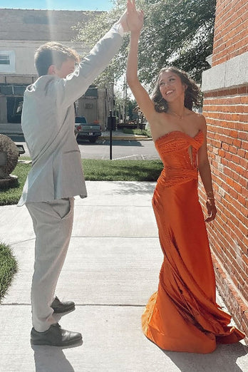 Orange Sweetheart Corset Long Satin Formal Dress with Slit