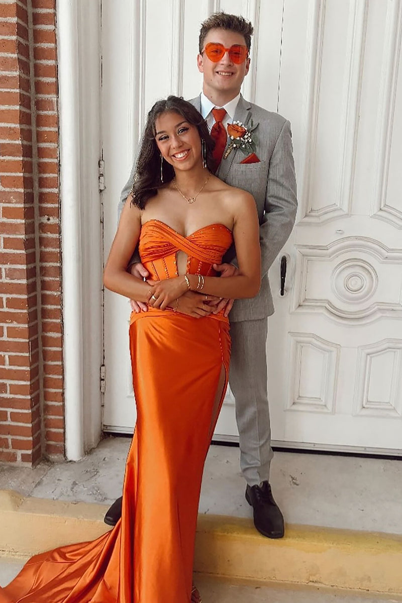 Load image into Gallery viewer, Orange Sweetheart Corset Long Satin Formal Dress with Slit