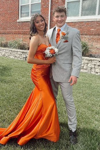 Orange Sweetheart Corset Long Satin Formal Dress with Slit