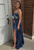 Load image into Gallery viewer, Navy Metallic Strapless Corset Pleated Long Formal Dress with Slit