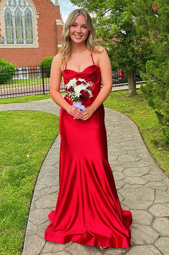 Simple Red Spaghetti Straps Satin Mermaid Long Formal Dress