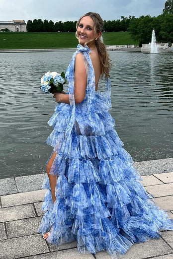 Floral Blue V-Neck Tiered Long Formal Dress with Slit