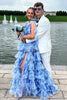 Load image into Gallery viewer, Floral Blue V-Neck Tiered Long Formal Dress with Slit