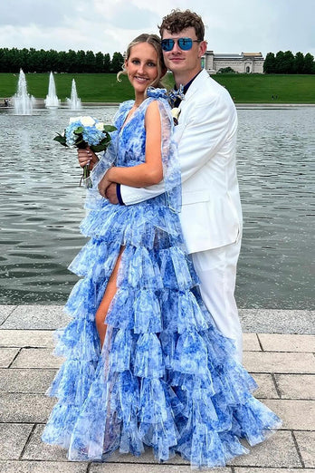 Floral Blue V-Neck Tiered Long Formal Dress with Slit