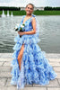 Load image into Gallery viewer, Floral Blue V-Neck Tiered Long Formal Dress with Slit