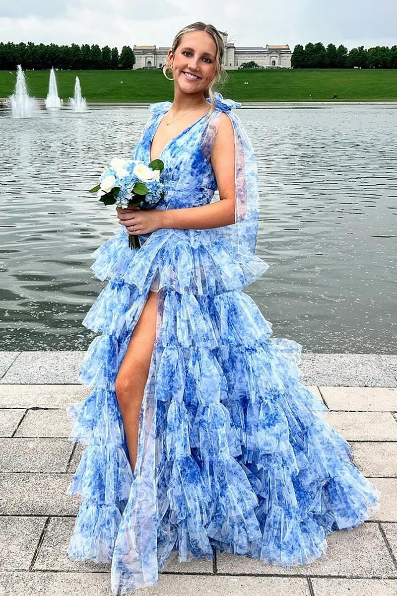 Load image into Gallery viewer, Floral Blue V-Neck Tiered Long Formal Dress with Slit