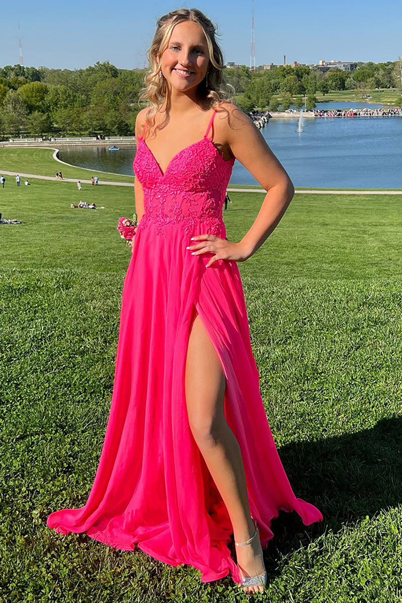 Load image into Gallery viewer, Fuchsia A Line Spaghetti Straps Appliqued Long Formal Dress with Slit