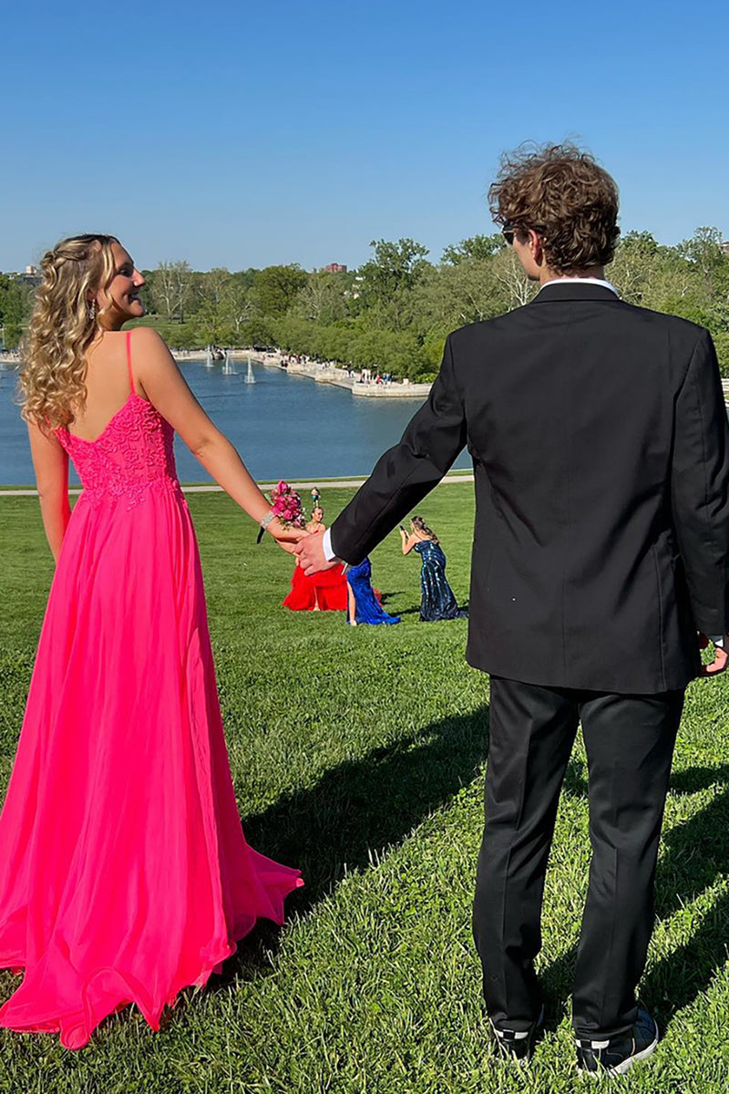 Load image into Gallery viewer, Fuchsia A Line Spaghetti Straps Appliqued Long Formal Dress with Slit