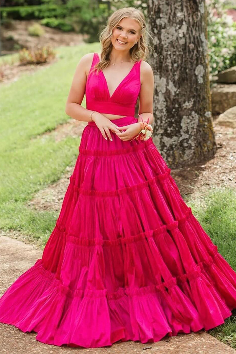 Load image into Gallery viewer, Princess Fuchsia A Line 2 Pieces V-Neck Long Formal Dress