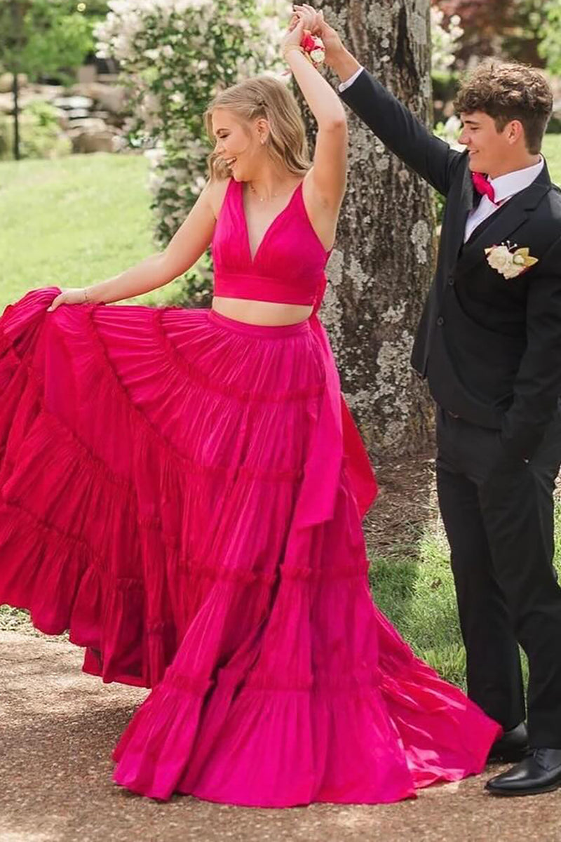 Load image into Gallery viewer, Princess Fuchsia A Line 2 Pieces V-Neck Long Formal Dress