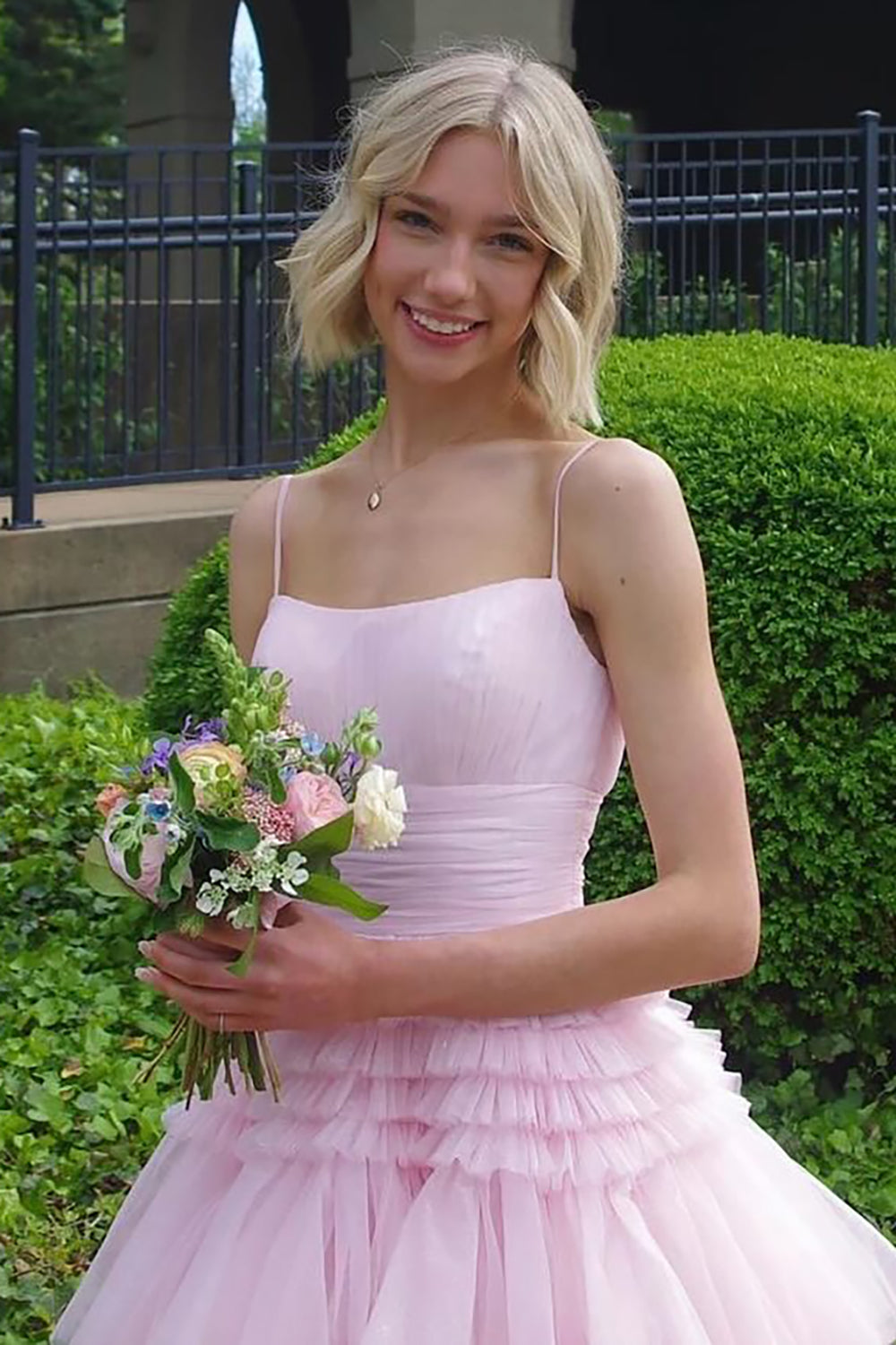 Princess Pink Spaghetti Straps Tiered Long Tulle Formal Dress