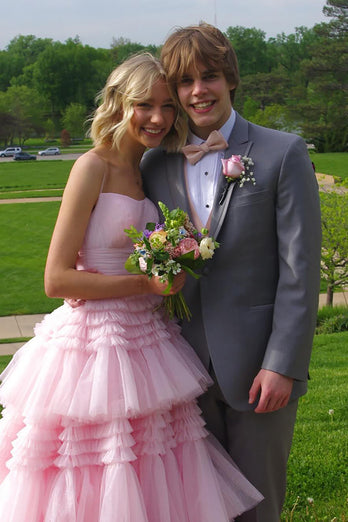 Princess Pink Spaghetti Straps Tiered Long Tulle Formal Dress