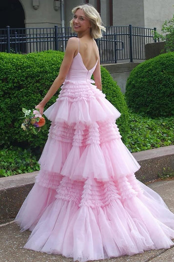 Princess Pink Spaghetti Straps Tiered Long Tulle Formal Dress