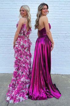 Metallic Fuchsia A-Line Pleated Long Formal Dress