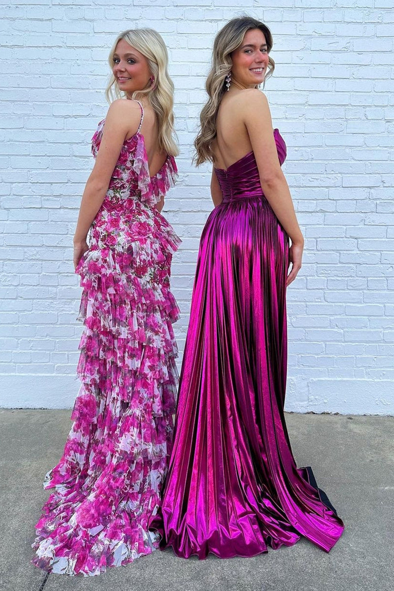 Load image into Gallery viewer, Metallic Fuchsia A-Line Pleated Long Formal Dress