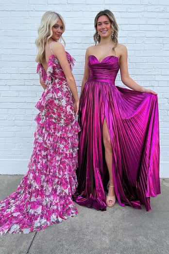 Metallic Fuchsia A-Line Pleated Long Formal Dress