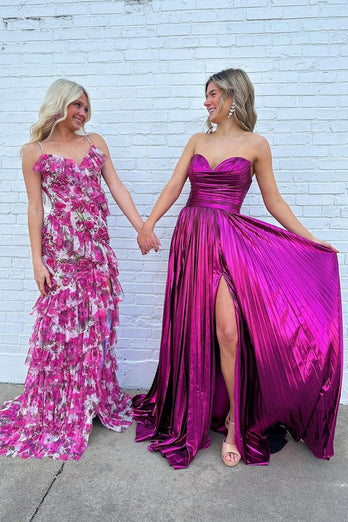 Metallic Fuchsia A-Line Pleated Long Formal Dress