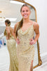 Load image into Gallery viewer, Sparkly Gold Sequin Spaghetti Straps Long Formal Dress with Slit