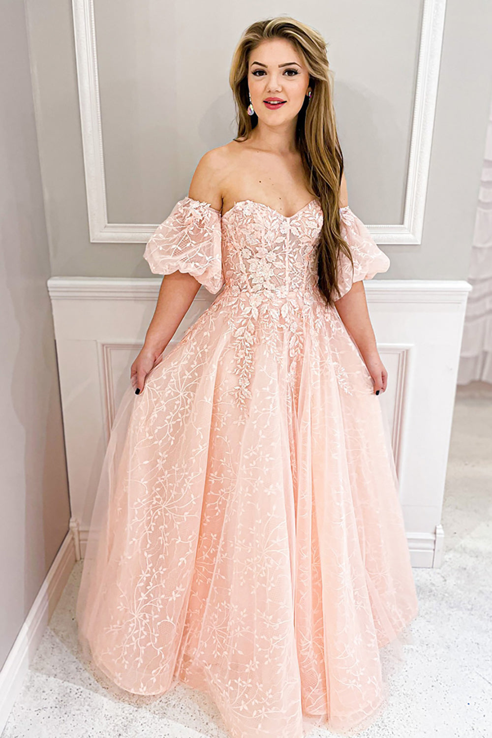 Floral Blush A Line Puff Sleeves Strapless Long Corset Formal Dress