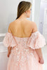 Load image into Gallery viewer, Floral Blush A Line Puff Sleeves Strapless Long Corset Formal Dress