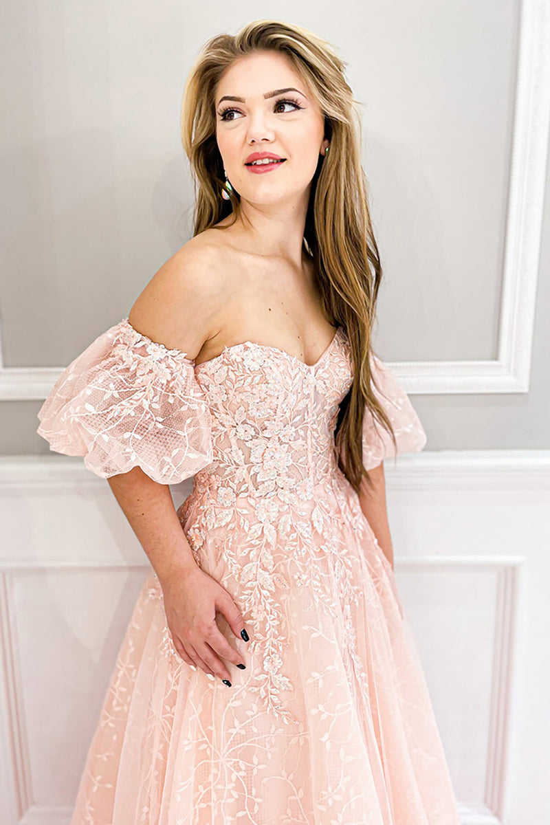 Load image into Gallery viewer, Floral Blush A Line Puff Sleeves Strapless Long Corset Formal Dress