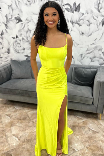 Yellow Mermaid Spaghetti Straps Long Formal Dress with Slit