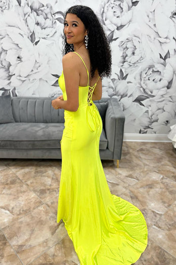 Yellow Mermaid Spaghetti Straps Long Formal Dress with Slit