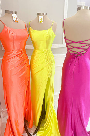 Yellow Mermaid Spaghetti Straps Long Formal Dress with Slit