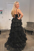 Load image into Gallery viewer, Sparkly Black Spaghetti Straps Tiered Long Corset Formal Dress with Slit