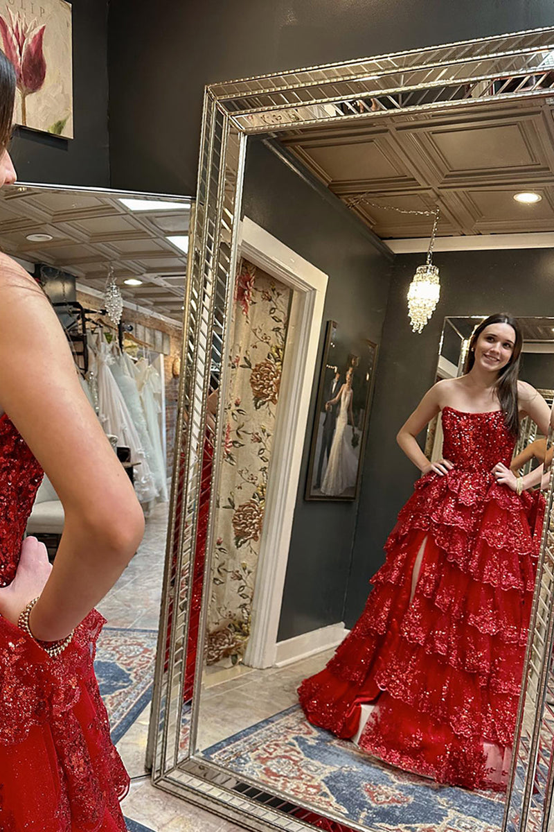 Load image into Gallery viewer, Sparkly Red Strapless Tiered Sequin Long Corset Formal Dress with Slit