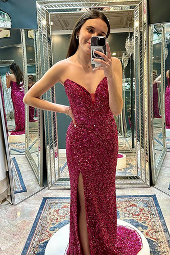 Sparkly Fuchsia Strapless Mermaid Long Sequin Formal Dress with Slit