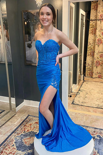 Sparkly Blue Sweetheart Appliqued Long Corset Formal Dress with Slit