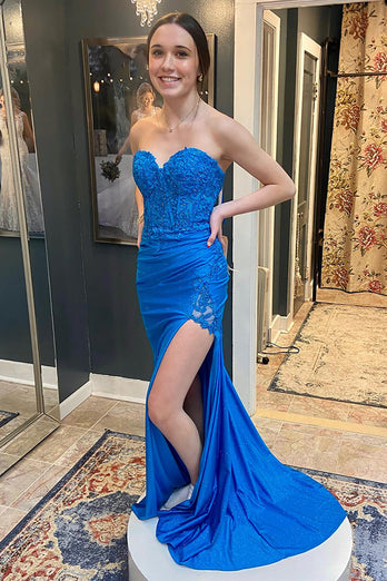 Sparkly Blue Sweetheart Appliqued Long Corset Formal Dress with Slit