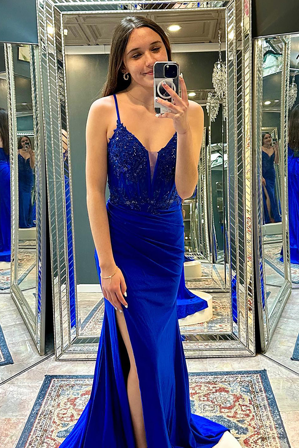 Sparkly Royal Blue Spaghetti Straps Long Corset Formal Dress with Slit