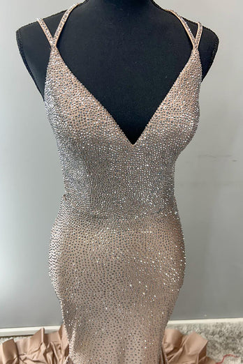 Sparkly Gold Mermaid Spaghetti Straps Long Beaded Formal Dress