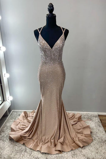 Sparkly Gold Mermaid Spaghetti Straps Long Beaded Formal Dress