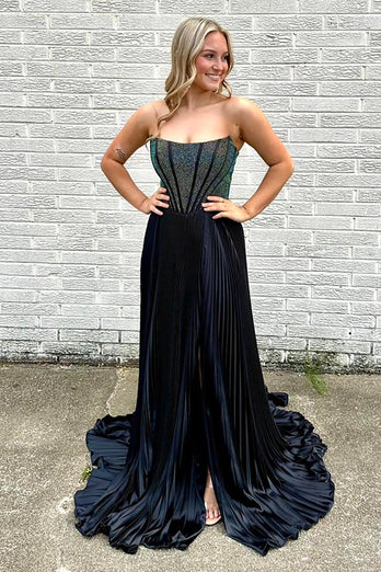 Sparkly Black Beaded Pleated Long Corset Formal Dress with Slit